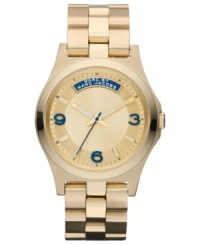 The unexpected combination of gold and blue tones make this Marc by Marc Jacobs a trendy choice for the season. The unexpected combination of gold and blue tones make this Marc by Marc Jacobs a trendy choice for the season.