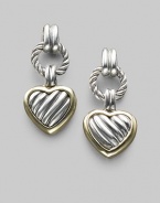 From the Heart Collection. A cabled sterling silver heart drop, edged in 18k gold, boldly hangs from a cabled silver ring. Sterling silver and 18k yellow gold Drop, about 1 Post back Made in USA