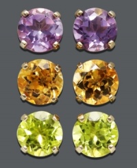 Mix and match with this colorful earring set. Features round-cut studs in citrine (3/4 ct. t.w.), amethyst (3/4 ct. t.w.) and peridot (3/4 ct. t.w.) Crafted in 14k gold. Approximate diameter: 1/4 inch.