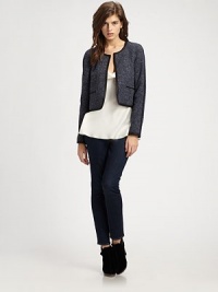 In a slightly shrunken proportion with trendy contrast trim, this cropped jacket is a fashion-forward go-to for the season.ScoopneckOpen-front styleDecorative front pocketsContrast trimAbout 12 from shoulder to hem80% cotton/10% nylon/7% viscose/3% elastaneDry cleanImported of Italian fabric In a slightly shrunken proportion with trendy contrast trim, this cropped jacket is a fashion-forward go-to for the season.ScoopneckOpen-front styleDecorative front pocketsContrast trimAbout 12 from shoulder to hem80% cotton/10% nylon/7% viscose/3% elastaneDry cleanImported of Italian fabric