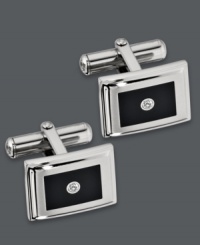 Polished and presentable. Accent your favorite work shirt with these sleek cuff links. Crafted in stainless steel, cuff links features a rectangular black enamel design with a sparkling diamond accent. Surface coated with a scratch-resistant clear finish. Cuff links have swivel backs for ease of use. Approximate length: 5/8 inch. Approximate width: 1/2 inch. Polished and presentable. Accent your favorite work shirt with these sleek cuff links. Crafted in stainless steel, cuff links features a rectangular black enamel design with a sparkling diamond accent. Surface coated with a scratch-resistant clear finish. Cuff links have swivel backs for ease of use. Approximate length: 5/8 inch. Approximate width: 1/2 inch.