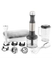 Let KitchenAid give you a hand! Quiet, powerful and easy-to-handle, this blender offers 5 speeds and a BPA-free blending pitcher for creating everything on the menu from soups to smoothies and beyond. Made with a soft grip handle, 8 removable stainless steel shaft, unique pan guard and 3 interchangeable bell blades for superior results on every type of recipe. 1-year warranty. Model KHB2561. Let KitchenAid give you a hand! Quiet, powerful and easy-to-handle, this blender offers 5 speeds and a BPA-free blending pitcher for creating everything on the menu from soups to smoothies and beyond. Made with a soft grip handle, 8 removable stainless steel shaft, unique pan guard and 3 interchangeable bell blades for superior results on every type of recipe. 1-year warranty. Model KHB2561.