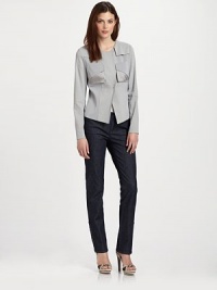 An undeniably chic and modern take on a classic jacket style, this stretch linen design features feminine gunflaps and silk-linen trim.Round collarLong sleevesPatch pocketsWelt side pocketsPrincess seamsAbout 22 from shoulder to hem70% linen/27% viscose/3% elastane; trim: 66% linen/34% silkDry cleanImported of Italian fabric Model shown is 5'10½ (179cm) wearing US size 4. OUR FIT MODEL RECOMMENDS ordering true size. An undeniably chic and modern take on a classic jacket style, this stretch linen design features feminine gunflaps and silk-linen trim.Round collarLong sleevesPatch pocketsWelt side pocketsPrincess seamsAbout 22 from shoulder to hem70% linen/27% viscose/3% elastane; trim: 66% linen/34% silkDry cleanImported of Italian fabric Model shown is 5'10½ (179cm) wearing US size 4. OUR FIT MODEL RECOMMENDS ordering true size.