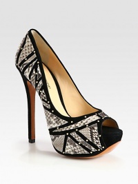 Make a grand entrance wearing this suede peep toe pump with geometric python cutouts and metal studs for depth and dimension. Suede-covered heel, 5½ (140mm)Covered platform, 1½ (40mm)Compares to a 4 heel (100mm)Suede and python upper with metal studsPeep toeLeather lining and solePadded insoleImported Make a grand entrance wearing this suede peep toe pump with geometric python cutouts and metal studs for depth and dimension. Suede-covered heel, 5½ (140mm)Covered platform, 1½ (40mm)Compares to a 4 heel (100mm)Suede and python upper with metal studsPeep toeLeather lining and solePadded insoleImported