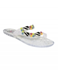Penny Loves Kenny's Delray jelly flat sandals combine bright beaded detailing with an unexpected print for a super cute--and comfy--summer shoe. Penny Loves Kenny's Delray jelly flat sandals combine bright beaded detailing with an unexpected print for a super cute--and comfy--summer shoe.