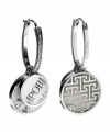 Boast your favorite brand. These Emporio Armani huggie earrings feature circular charms with the company logo finished in lacquer and accented by sparkling crystals. Crafted in stainless steel. Approximate drop: 1-1/2 inches.