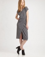 Supremely soft scoopback dress has a crossover v-neck, asymmetrical draping and a sultry front slit. Crossover v-neckShort sleevesFront slitScoopbackAbout 22 from natural waist52% viscose/22% polyamide/18% wool/8% elastaneDry cleanMade in ItalyModel shown is 5'10 (177cm) wearing US size Small.