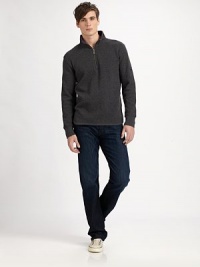 Textured cotton knit favorite with half-zip and high stand collar.Ribbed cuffs Shirttail hem 91% cotton/9% polyester Machine wash Imported