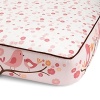 Birds frolic on blooming tree branches while shades of pink and orange highlight the coordinating floral print separated by brown piping. The American Academy of Pediatrics and the U.S. Consumer Product Safety Commission have made recommendations for safe bedding practices for babies. When putting infants under 12 months to sleep, remove pillows, quilts, comforters, and other soft items from the crib.