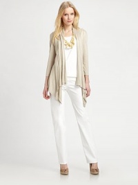 A feminine, open-front cardigan made from soft jersey and featuring a pretty, cascade front.Shawl collarThree-quarter sleevesCascade frontAbout 26 from shoulder to hemViscoseHand washImported of Italian fabric Model shown is 5'10 (177cm) wearing US size Small. A feminine, open-front cardigan made from soft jersey and featuring a pretty, cascade front.Shawl collarThree-quarter sleevesCascade frontAbout 26 from shoulder to hemViscoseHand washImported of Italian fabric Model shown is 5'10 (177cm) wearing US size Small.