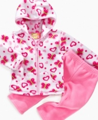 Her heart will flutter for this adorable heart and butterfly printed fleece and pants set by Penelope Mack. Her heart will flutter for this adorable heart and butterfly printed fleece and pants set by Penelope Mack.