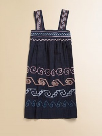 Colorful embroidery and whip stitch design embellish this charming, pure cotton frock.Square neckSleevelessBack button closureWhip stitch yokeCottonMachine washImported Colorful embroidery and whip stitch design embellish this charming, pure cotton frock.Square neckSleevelessBack button closureWhip stitch yokeCottonMachine washImported