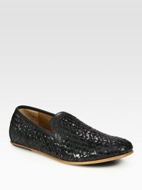 Light-as-air slip-ons in masterfully woven Italian calfskin, detailed with wingtip perforation for a stylish touch.Leather liningPadded insoleRubber soleMade in Italy Light-as-air slip-ons in masterfully woven Italian calfskin, detailed with wingtip perforation for a stylish touch.Leather liningPadded insoleRubber soleMade in Italy