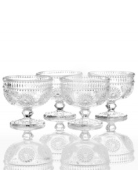 Past meets present. Raised medallions and fluted accents in sparkling glass make Modern Vintage dessert bowls a standout at the table and on display. From the Godinger serveware collection.
