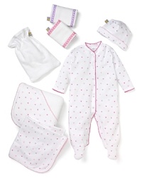 A perfect gift for the newborn girl in your life, this star-print set welcomes her into the world in style, with adorable footies, hat, blanket, towel and two burp cloths. A perfect gift for the newborn girl in your life, this star-print set welcomes her into the world in style, with adorable footies, hat, blanket, towel and two burp cloths.