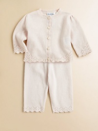 Knit in ultra-soft cotton with a delicate pointelle-knit pattern, the cardigan-and-pant set is an essential for baby. Cardigan Ribbed crewneckLong sleeves with pointelle-knit cuffsButton-front Pants Elastic waistband with drawstring bowPointelle-knit hemCottonMachine washImported Please note: number of buttons may vary depending on size ordered. Knit in ultra-soft cotton with a delicate pointelle-knit pattern, the cardigan-and-pant set is an essential for baby. Cardigan Ribbed crewneckLong sleeves with pointelle-knit cuffsButton-front Pants Elastic waistband with drawstring bowPointelle-knit hemCottonMachine washImported Please note: number of buttons may vary depending on size ordered.