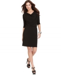 Ellen Tracy's draped dress exudes effortless feminine style with a flattering body-conscious silhouette. Ellen Tracy's draped dress exudes effortless feminine style with a flattering body-conscious silhouette.