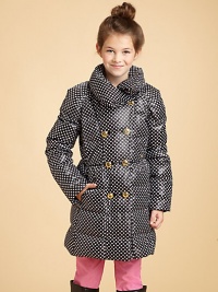 Warmth and style go hand in hand this winter, with an optical pattern of square-and-round dots and smart, shapely details, plus an ultra warm down fill.Wide, puffy convertible collarLong raglan sleeves with inner knit cuffsDouble-breasted front with bold gold buttonsSeamed waist with Juicy heart charmFront pocketsFully linedDown/feather fillPolyesterMachine washImported Please note: Number of buttons may vary depending on size ordered. Warmth and style go hand in hand this winter, with an optical pattern of square-and-round dots and smart, shapely details, plus an ultra warm down fill.Wide, puffy convertible collarLong raglan sleeves with inner knit cuffsDouble-breasted front with bold gold buttonsSeamed waist with Juicy heart charmFront pocketsFully linedDown/feather fillPolyesterMachine washImported Please note: Number of buttons may vary depending on size ordered.