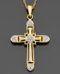 A sparkling symbol of love and spirituality. Cross pendant in 14k gold with round-cut diamond accents. Approximate length: 18 inches. Approximate drop: 1 inch.