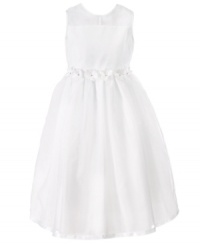 Flowers along the waist and fine satin trim give this white flower girl dress from Jayne Copeland a soft look that will make her glow.