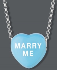 Sugary sweet style you can wear! Sweethearts' MARRY ME pendant features a light blue enamel surface and polished, sterling silver setting and chain. Copyright © 2011 New England Confectionery Company. Approximate length: 16 inches + 2-inch extender. Approximate drop: 1/2 inch. Sugary sweet style you can wear! Sweethearts' MARRY ME pendant features a light blue enamel surface and polished, sterling silver setting and chain. Copyright © 2011 New England Confectionery Company. Approximate length: 16 inches + 2-inch extender. Approximate drop: 1/2 inch.
