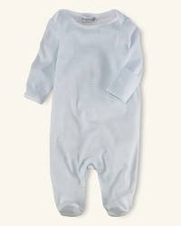 Essential long-sleeved footed coveralls in soft, cotton jersey. Contrasting ribbed envelope neckline and contrasting ribbed cuffs with foldover detail. Ring snaps at the leg openings for easy on and off. Signature tonal embroidered pony accents the chest. Essential long-sleeved footed coveralls in soft, cotton jersey. Contrasting ribbed envelope neckline and contrasting ribbed cuffs with foldover detail. Ring snaps at the leg openings for easy on and off. Signature tonal embroidered pony accents the chest.