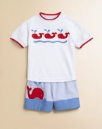 Swimming whale appliqués and contrasting trim make a splash on the front of this plush cotton knit.CrewneckShort sleevesPullover styleCottonMachine washImported