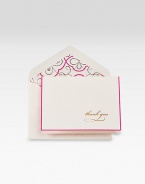 Say it with elegance (and flowers). This set of 10 hand-engraved, notecards features impeccable gold calligraphy. Pretty, damask rose and white peony-lined envelopes truly seal the deal. Set of 10 notecards3.8W X 5.3HMade in USA