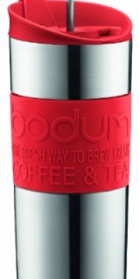 Bodum Double-Wall Stainless Steel Travel Coffee and Tea Press with Bonus Lid, 0.45L, 16oz, Red