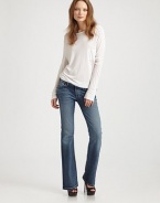 Five-pocket bootcut fit with minimal distressing and a hint of stretch designed just for petite frames.THE FITFitted through hips and thighsMedium rise, about 8Inseam, about 32THE DETAILSZip flyFive-pocket styleSignature stitch back patch pockets98% cotton/2% elastaneMachine washMade in USAModel shown is 5'10 (177cm) wearing US size 4.