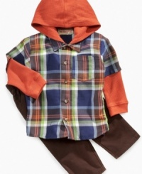 When it gets chilly for baby, dress him in the layered long sleeves and hood of this sweet set from Kids Headquarters. When it gets chilly for baby, dress him in the layered long sleeves and hood of this sweet set from Kids Headquarters.