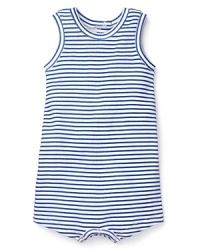 Nautical stripes and a quirky-cool diving man printed on back give this adorable Pearls & Popcorn romper a whimsical feel. Nautical stripes and a quirky-cool diving man printed on back give this adorable Pearls & Popcorn romper a whimsical feel.