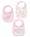 This set of bunny bibs includes one with velour bunny embroidery, one with a bunny print and one solid with single bunny.