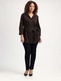 Contrast stitching adds uncompromising style to this blouse. Its self-tie belt will flawlessly define your figure.Split collarLong sleevesButton cuffsContrast stitchingSelf-tie beltAbout 28 from shoulder to hemCotton/polyamide/elastaneDry cleanImported Contrast stitching adds uncompromising style to this blouse. Its self-tie belt will flawlessly define your figure.Split collarLong sleevesButton cuffsContrast stitchingSelf-tie beltAbout 28 from shoulder to hemCotton/polyamide/elastaneDry cleanImported