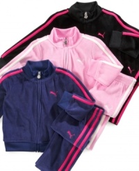 Set her up for some serious playtime in this comfortable and sporty active jacket and pant set from Puma. Set her up for some serious playtime in this comfortable and sporty active jacket and pant set from Puma.