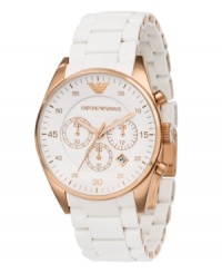 Look on the bright side. Radiant watch by Emporio Armani crafted of rose-gold-plated stainless steel bracelet wrapped in white silicone and round case. White chronograph dial features rose-gold tone numerals and minute track, three subdials, date window and logo at twelve o'clock. Quartz movement. Water resistant to 50 meters. Two-year limited warranty. Look on the bright side. Radiant watch by Emporio Armani crafted of rose-gold-plated stainless steel bracelet wrapped in white silicone and round case. White chronograph dial features rose-gold tone numerals and minute track, three subdials, date window and logo at twelve o'clock. Quartz movement. Water resistant to 50 meters. Two-year limited warranty.