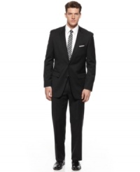 Go dark for your most sophisticated occasion in this classic, distinguished black suit from Alfani. Go dark for your most sophisticated occasion in this classic, distinguished black suit from Alfani.