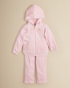 A super soft and sporty velour jacket and pant with girlie lace detail.