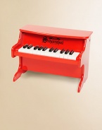 Bright red, 25-key tabletop is the perfect choice for a toddler's first piano. Both fun and educational, it is an ideal instrument to use for developing eye-hand coordination and encouraging musical creativity. Chromatically tuned Chime-like notes Play-by-color with removable color strip Songbook included Bench not included Ages 3 and up Made of maple and hardboard 11¼W X 12¼H X 9¼D Imported