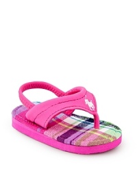 Early walkers will love the comfort and freedom of this cute plaid sandal, secured with a padded thong on the upper and an elastic band at the heel. Early walkers will love the comfort and freedom of this cute plaid sandal, secured with a padded thong on the upper and an elastic band at the heel.