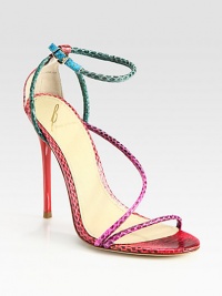 Colorblock snakeskin straps wrap around the foot, concluding with an adjustable ankle strap and lacquered heel. Lacquered heel, 5 (125mm)Snakeskin upperLeather lining and solePadded insoleImportedOUR FIT MODEL RECOMMENDS ordering one half size up as this style runs small. Colorblock snakeskin straps wrap around the foot, concluding with an adjustable ankle strap and lacquered heel. Lacquered heel, 5 (125mm)Snakeskin upperLeather lining and solePadded insoleImportedOUR FIT MODEL RECOMMENDS ordering one half size up as this style runs small.
