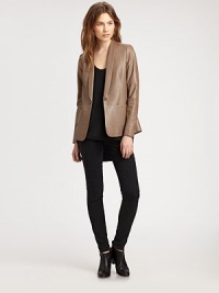 The tailored blazer updated in butter-smooth lambskin for a touch of contemporary cool.Foldover lapelsButton cuffsBodice seamsSingle button closureAbout 25 from shoulder to hemLeatherDry clean by a leather specialistImportedModel shown is 5'11 (180cm) wearing US size 4. The tailored blazer updated in butter-smooth lambskin for a touch of contemporary cool.Foldover lapelsButton cuffsBodice seamsSingle button closureAbout 25 from shoulder to hemLeatherDry clean by a leather specialistImportedModel shown is 5'11 (180cm) wearing US size 4.