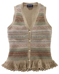 Exuding heritage style with a timeless Fair Isle pattern, a luxuriously soft cotton-blend sweater vest is given a pretty update with sweet crocheted detailing at the hem. Exuding heritage style with a timeless Fair Isle pattern, a luxuriously soft cotton-blend sweater vest is given a pretty update with sweet crocheted detailing at the hem.