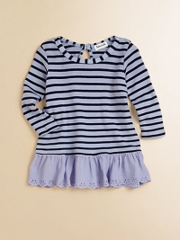 Tailored in a drop-waist silhouette, this striped, long-sleeved frock is beautifully complemented by a ruffled, eyelet hem.ScoopneckLong sleevesBack keyhole buttonDrop-waistEyelet hem38% pima cotton/38% modal/24% polyesterMachine washImported Tailored in a drop-waist silhouette, this striped, long-sleeved frock is beautifully complemented by a ruffled, eyelet hem.ScoopneckLong sleevesBack keyhole buttonDrop-waistEyelet hem38% pima cotton/38% modal/24% polyesterMachine washImported