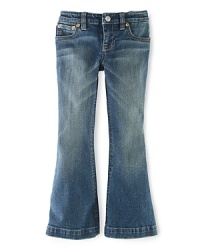 Faded denim is crafted in a chic flared silhouette with a hint of stretch for a cute, classic look. Faded denim is crafted in a chic flared silhouette with a hint of stretch for a cute, classic look.