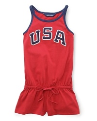 A red, white and blue design with U.S.A. patching gives a preppy, all-American look to a pretty warm-weather romper in celebration of Team USA's participation in the 2012 Olympics. A red, white and blue design with U.S.A. patching gives a preppy, all-American look to a pretty warm-weather romper in celebration of Team USA's participation in the 2012 Olympics.