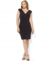 Crafted with a stunning V-neckline and flattering ruched detailing, Lauren Ralph Lauren's sparkling plus size dress is the epitome of elegance and effortless style in fluid, body-skimming matte jersey