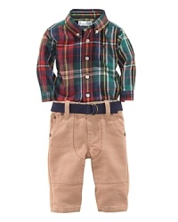 A preppy woven twill pant is paired with a plaid button-down crafted from soft cotton for a timeless heritage look. A preppy woven twill pant is paired with a plaid button-down crafted from soft cotton for a timeless heritage look.