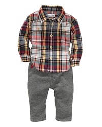 A vibrant plaid button-down is matched with a soft cotton athletic pant for cozy polish. A vibrant plaid button-down is matched with a soft cotton athletic pant for cozy polish.