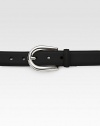 Smooth leather belt with oval buckle.LeatherAbout 1¼ wideMade in Italy